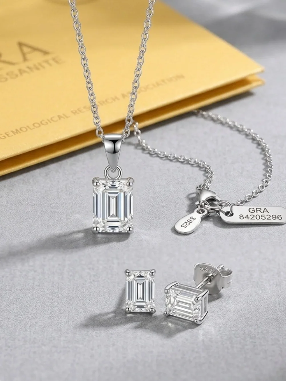 NWT 2Ct Emerald Moissanite Necklace & 1Ct Stud Earrings Set .925 Sterling Silver